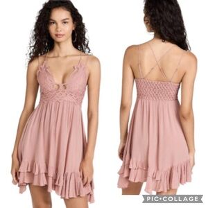 NEW! FREE PEOPLE Adella Slip Dress ROSE Pink Lace Spaghetti Strap Ruffle SMALL